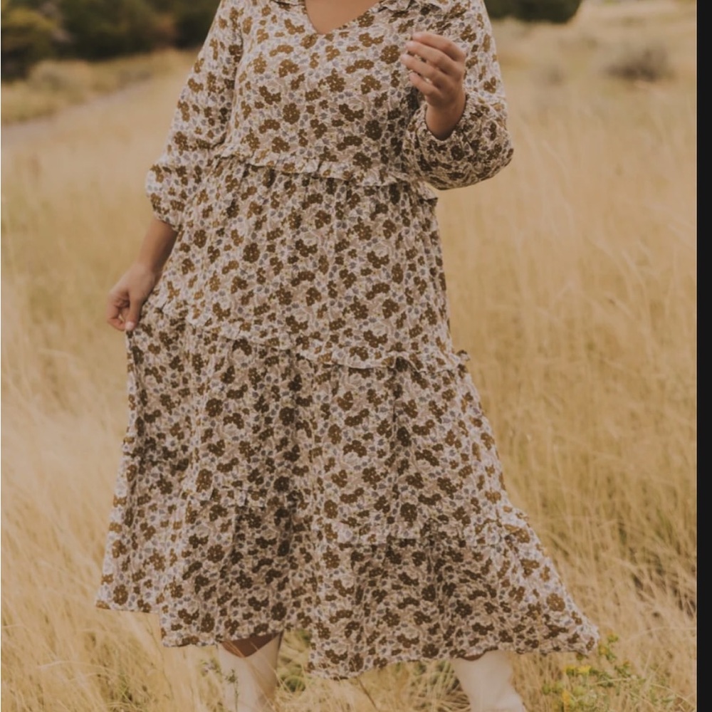 Rylee + Cru Brown Floral Long Sleeve Dress